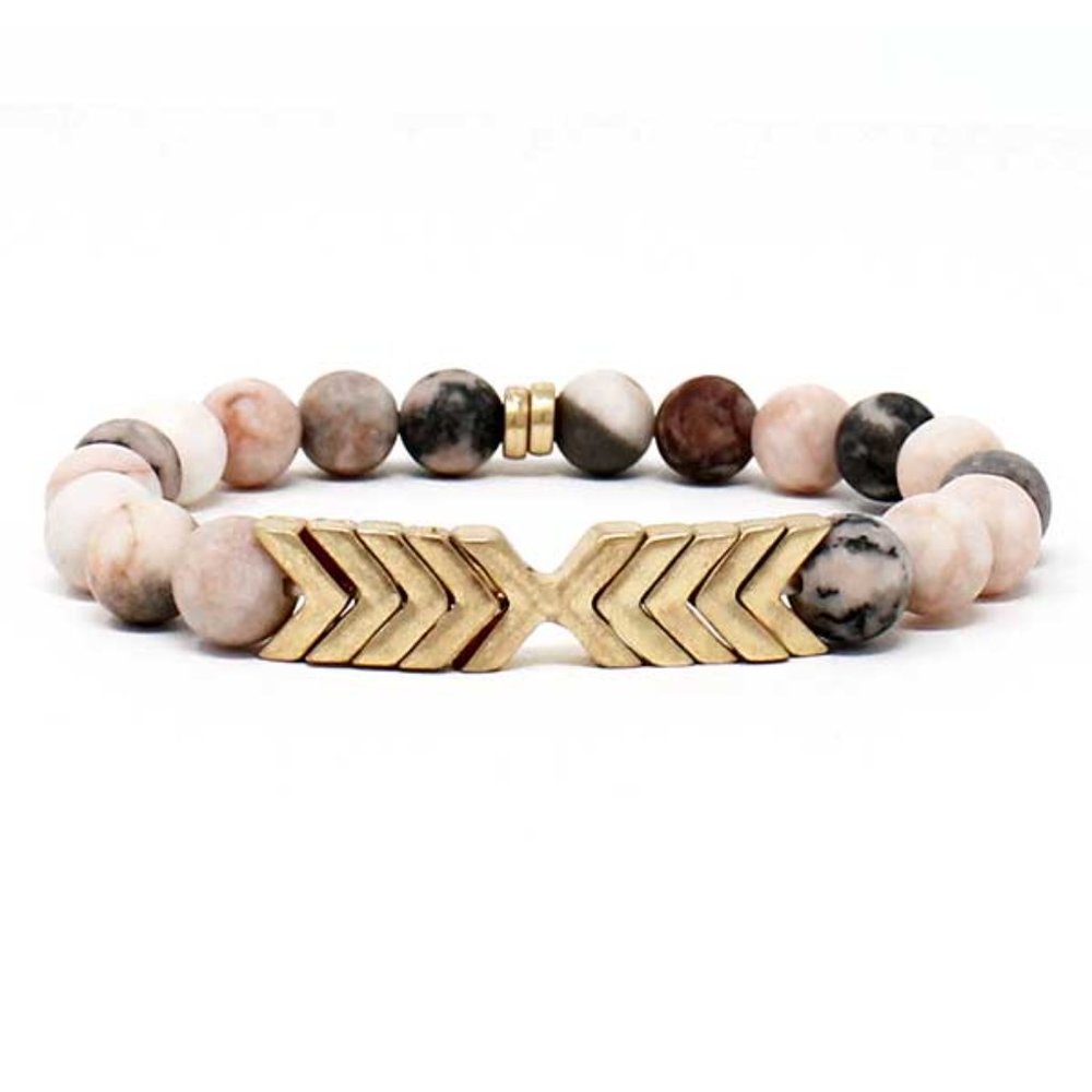 Pink Soapstone Beaded Stretch Bracelet With Gold Chevron Pendant